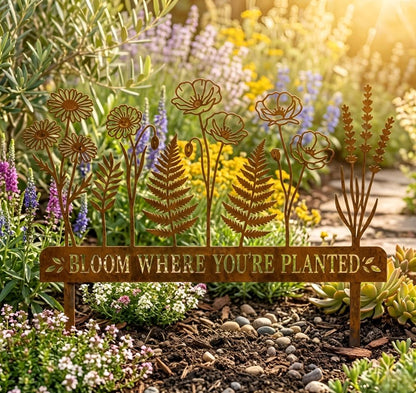 Bloom Where You're Planted Garden Sign – Rustic Wildflower Metal Yard Stake, Gift For Gardener