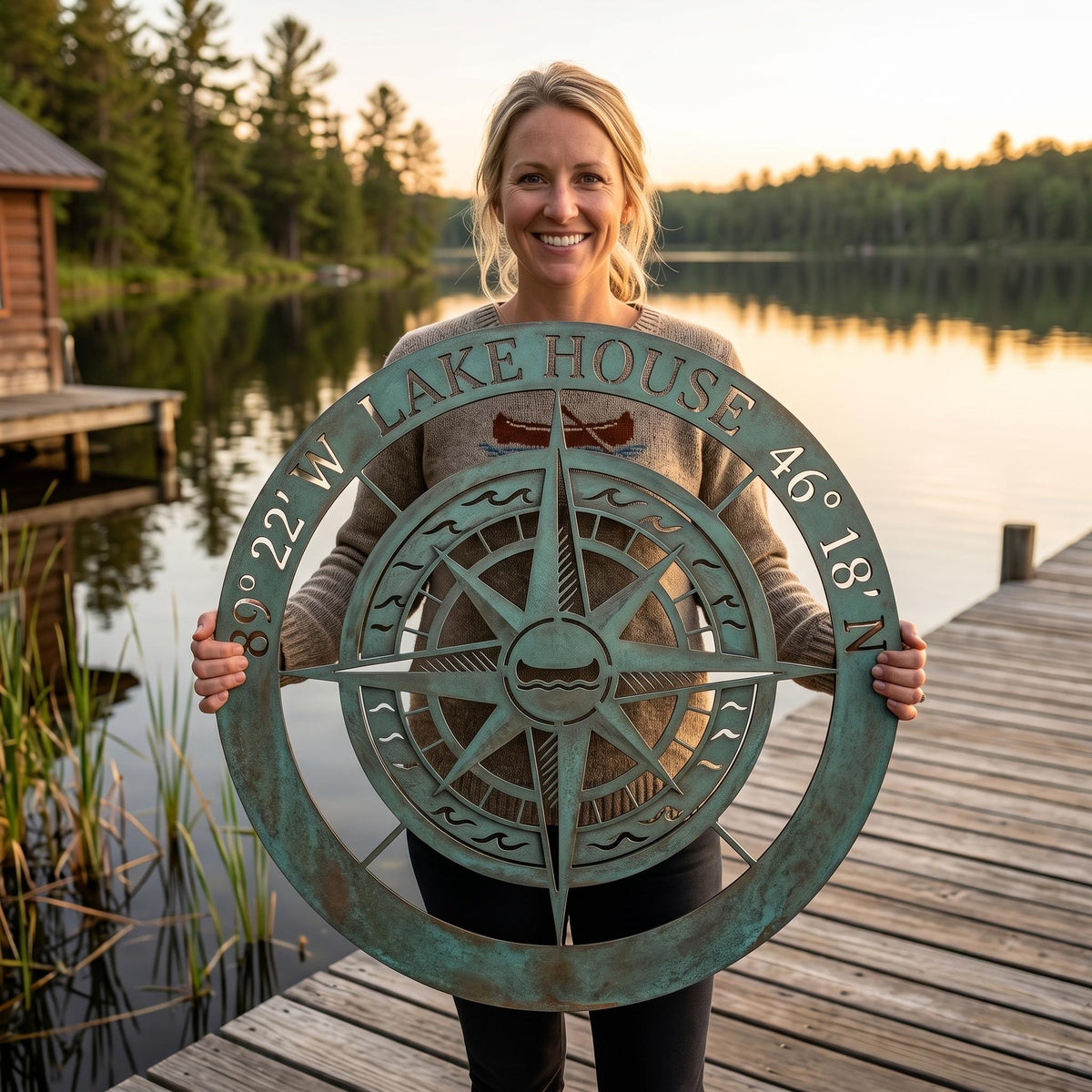Personalized Lake House Compass Metal Sign – Custom Coordinates Canoe Wall Art, Gift For Cabin Or Lakefront Home