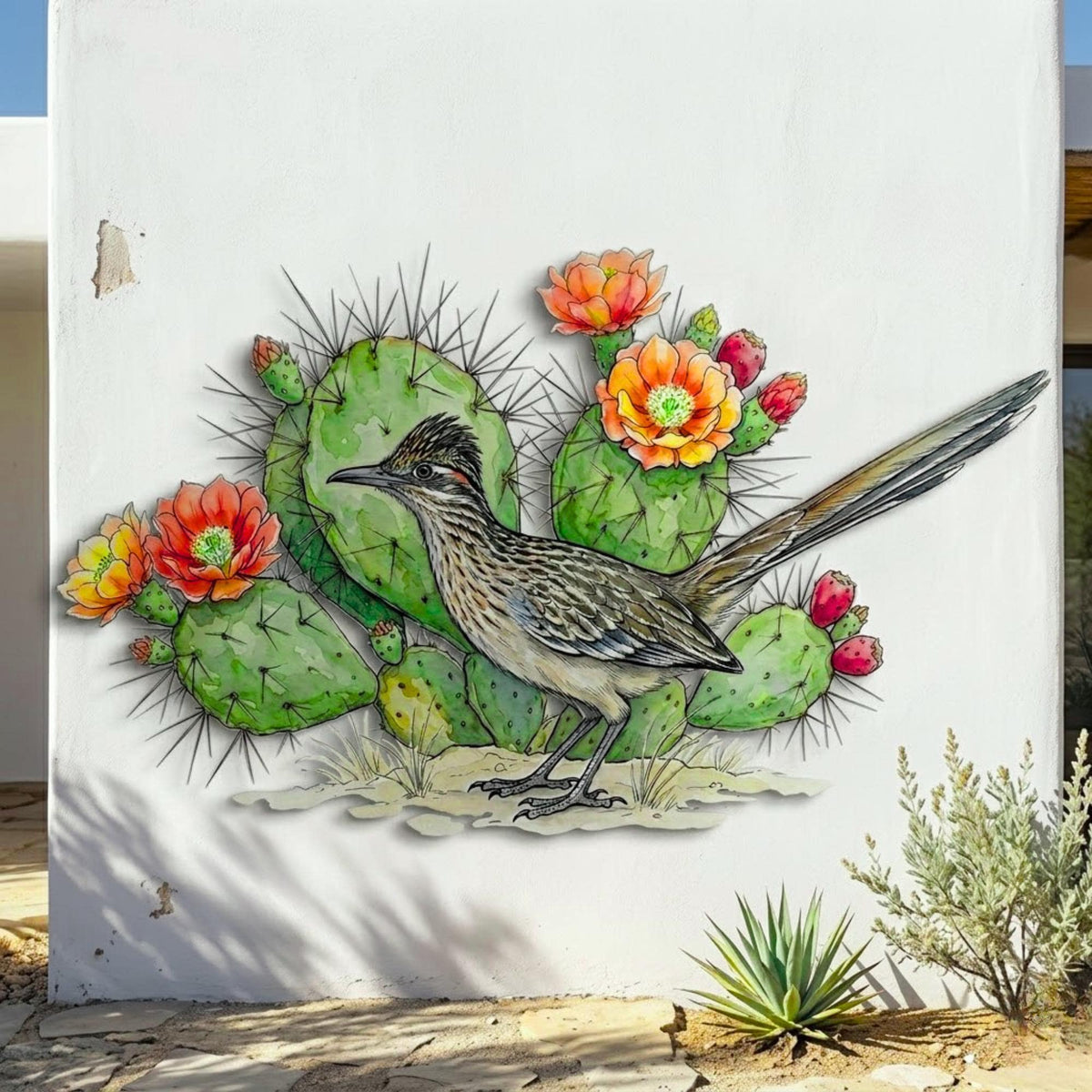 Colorful Roadrunner Metal Wall Art – Southwestern Prickly Pear Cactus Decor, Desert Bird Gift