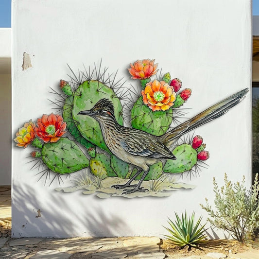 Colorful Roadrunner Metal Wall Art – Southwestern Prickly Pear Cactus Decor, Desert Bird Gift
