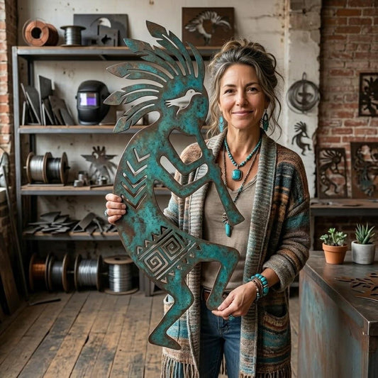 Kokopelli Metal Wall Art – Turquoise Patina Southwestern Flute Player Sculpture, Gift For Boho Garden Wall