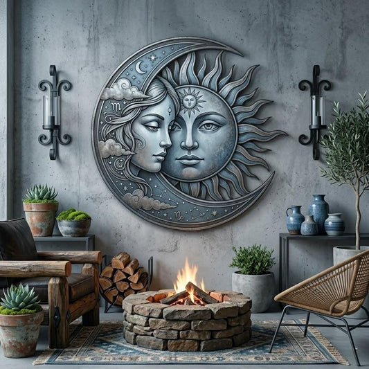 Celestial Sun And Moon Face Metal Wall Art – Zodiac Astrology Crescent Decor, Gift For Boho Patio Or Fire Pit