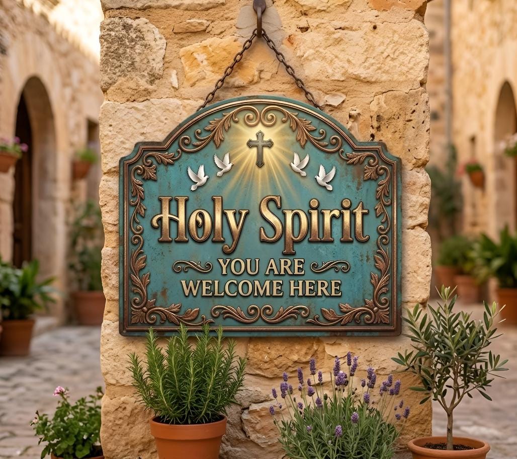 Holy Spirit Welcome Sign – Rustic Christian Metal Wall Plaque, Religious Home Decor Gift