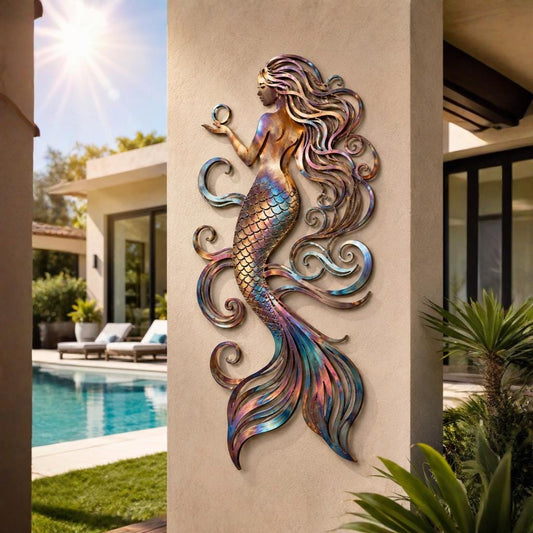 Mermaid Metal Wall Art – Coastal Copper & Blue Sculpture, Beach House Gift