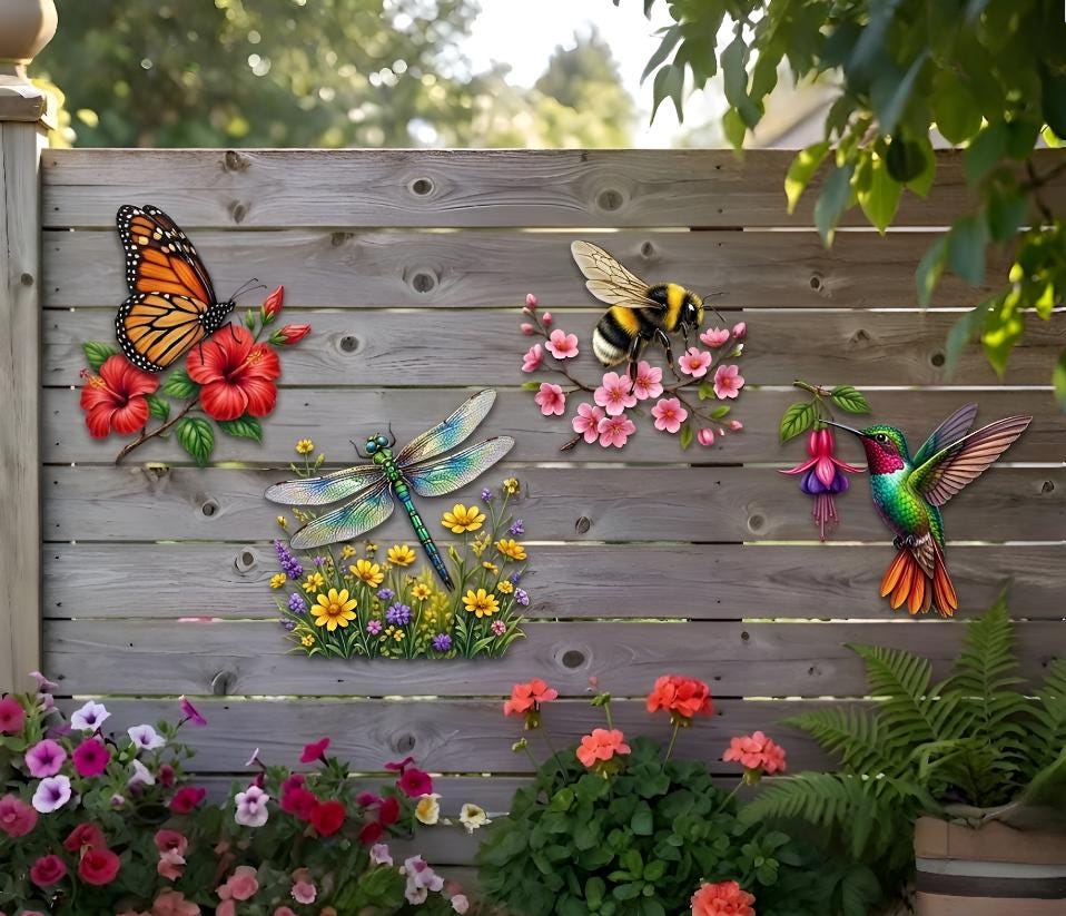 Garden Fence Decor Set – Butterfly Dragonfly Bee Hummingbird Metal Wall Art, Gift For Nature Lover