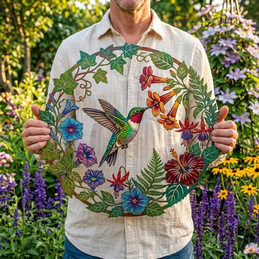 Hummingbird Floral Wreath Metal Wall Art – Colorful Garden Sculpture, Gift For Bird Lover Or Gardener