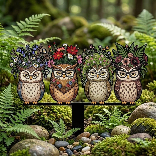 Owl Metal Garden Stake – Funny Flower Crown Owls Yard Art, Gift For Bird Lover Or Woodland Garden Decor