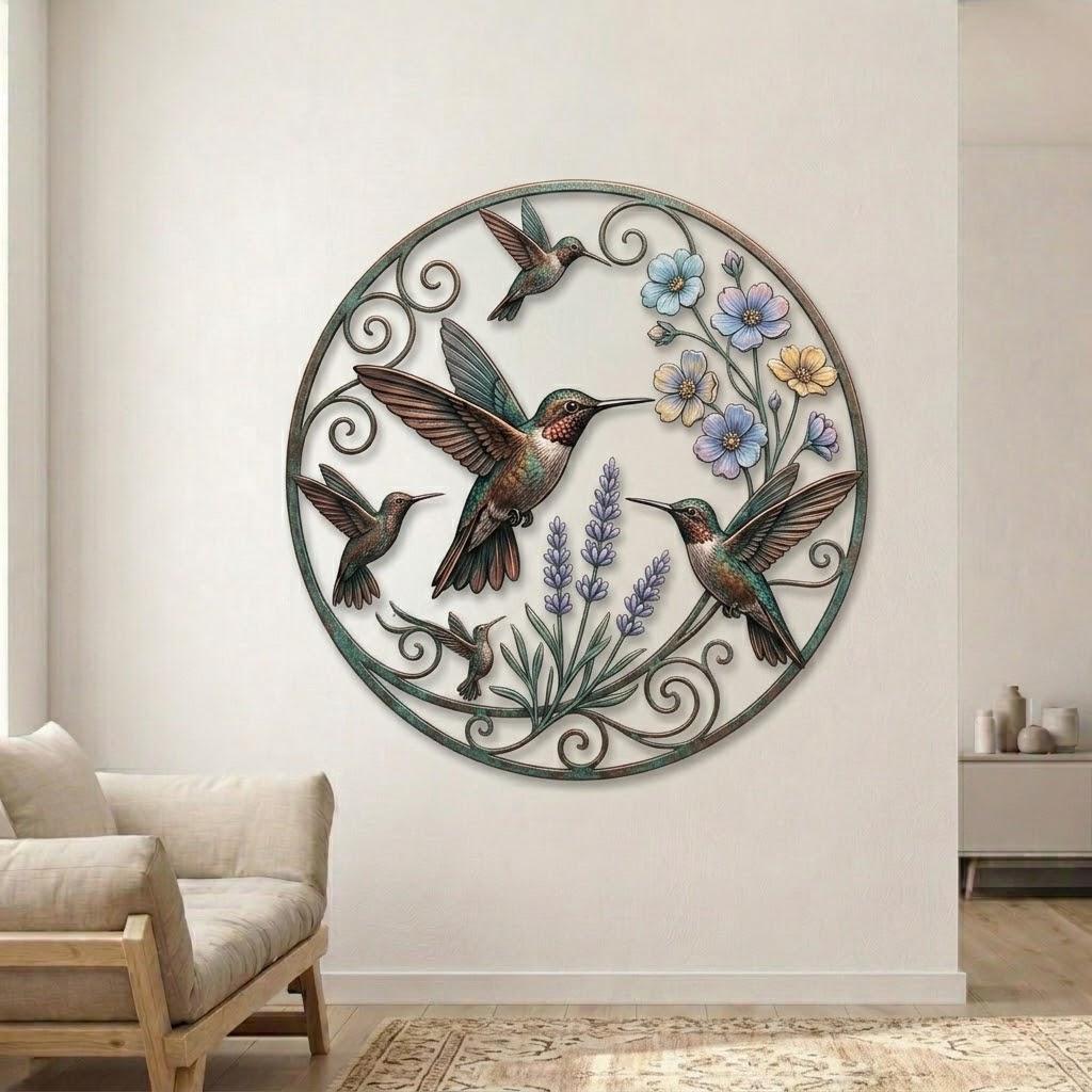 Hummingbird Round Metal Wall Art – Floral Wreath Bird Decor, Gift For Bird Lover Or Garden Patio