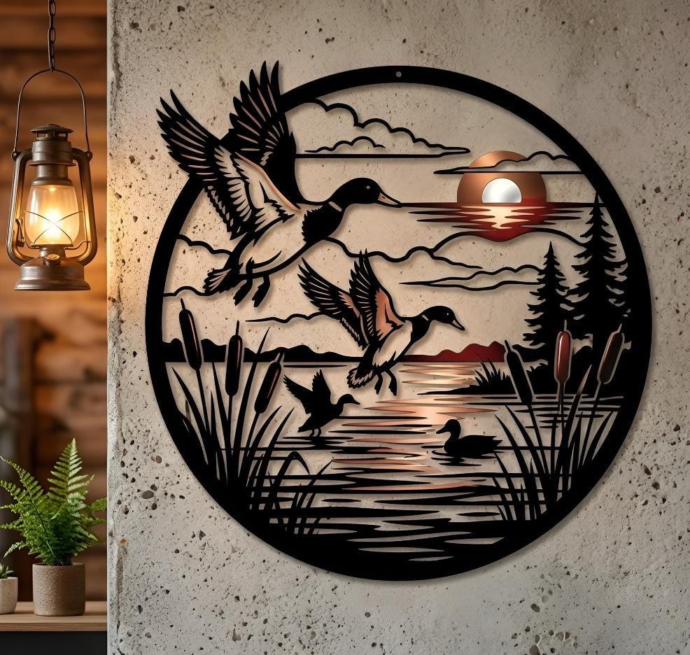 Flying Ducks Lake Sunset Metal Wall Art – Round Rustic Wildlife Scene, Gift For Hunter Or Cabin Decor