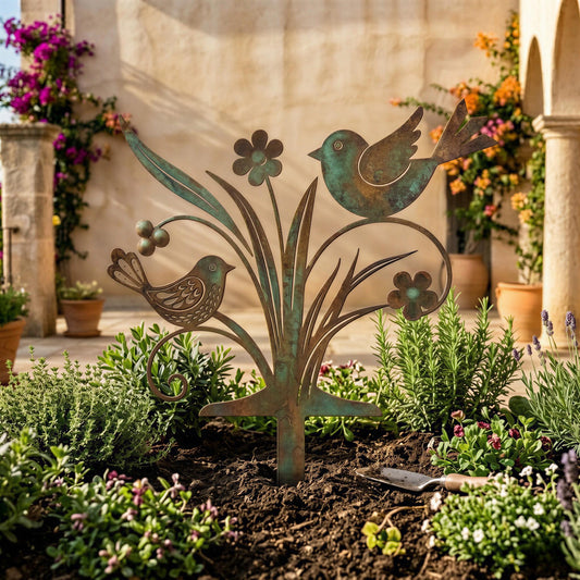 Bird & Flower Metal Garden Stake – Rustic Songbird Yard Sculpture, Gift For Garden Lovers