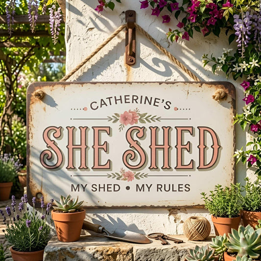 Personalized She Shed Metal Sign – Custom Name My Shed My Rules Floral Plaque, Gift For Her Garden Shed Or Craft Room