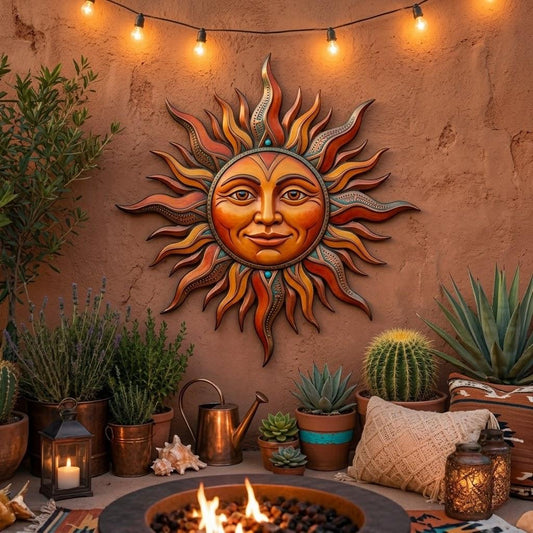 Radiant Sun Face Metal Wall Art – Boho Celestial Patio Decor, Housewarming Gift