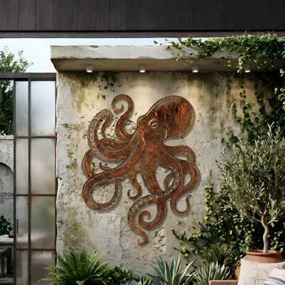 Octopus Metal Wall Art – Rustic Patina Nautical Sea Life Decor, Gift For Beach House Patio Or Garden Wall