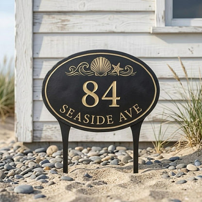 Personalized Coastal Address Plaque – Custom House Number Seashell Yard Sign, Gift For Beach House Owners