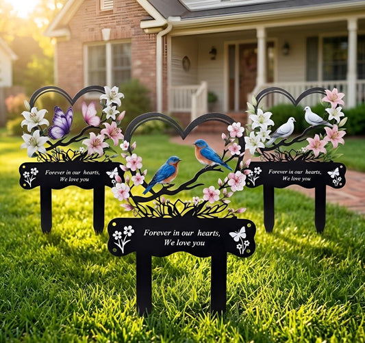Memorial Garden Stake Set – Heart Bird And Cherry Blossom Sympathy Decor, Gift For Loss Of Loved One