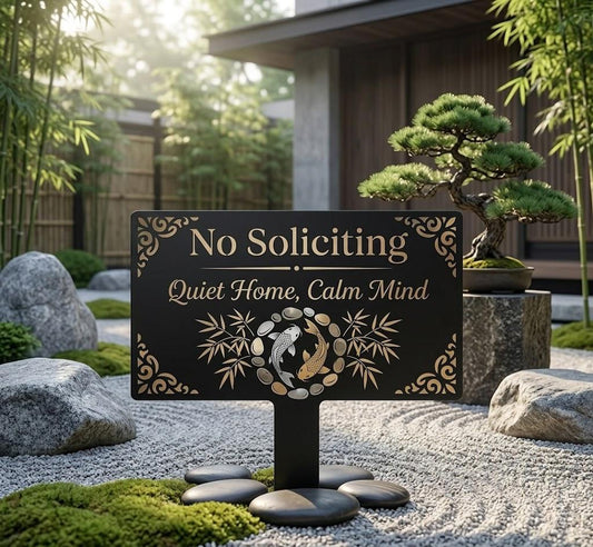 No Soliciting Metal Yard Sign – Zen Koi Bamboo Quiet Home Plaque, Gift For Japanese Garden Or Front Lawn