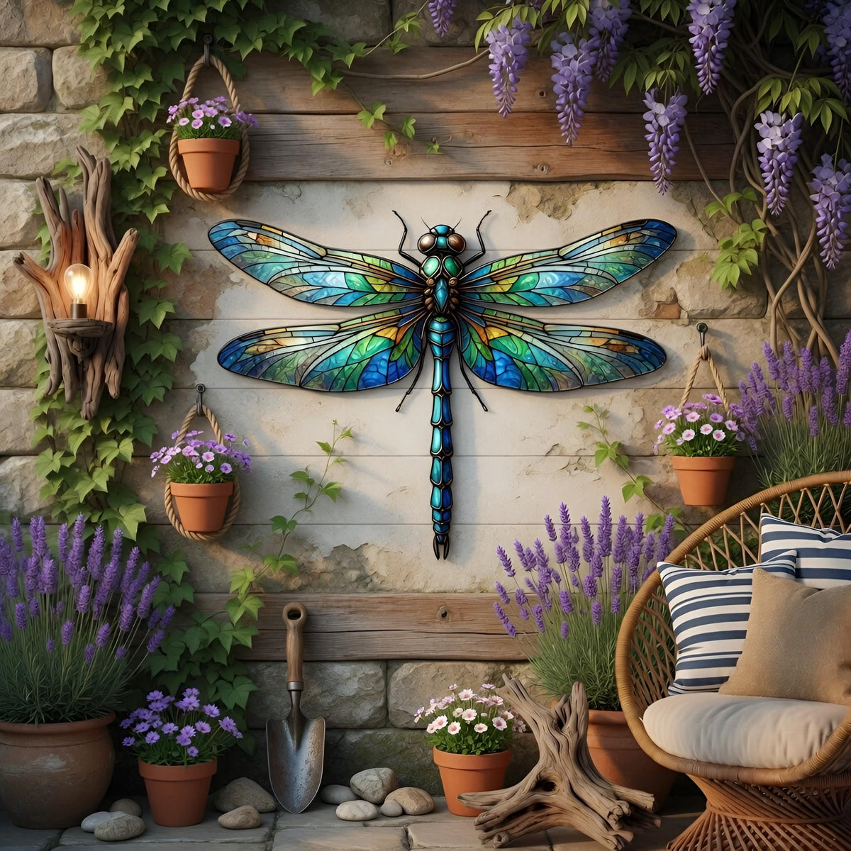 Dragonfly Metal Wall Art – Blue Stained Glass Style Garden Decor, Gift For Patio Fence Or Outdoor Wall