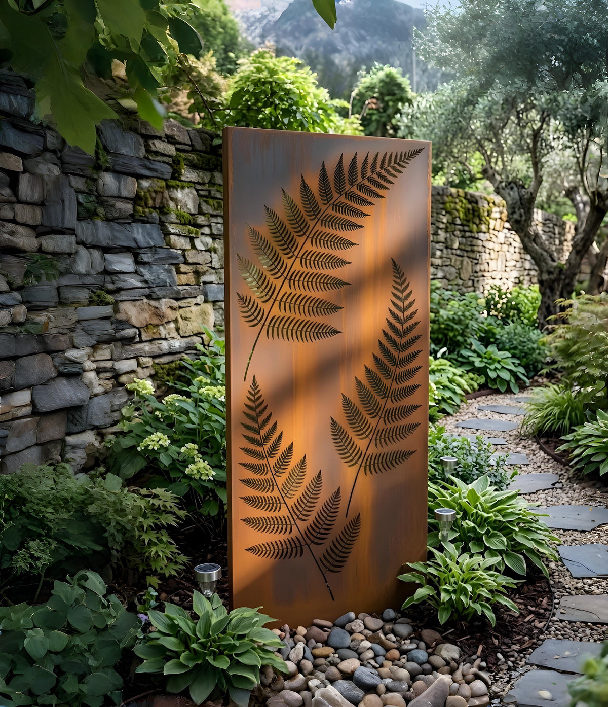 Fern Metal Garden Privacy Panel – Rustic Corten Style Yard Screen Stake, Gift For Backyard Or Patio Decor
