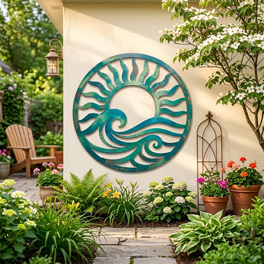 Ocean Wave Sun Round Metal Wall Art – Coastal Beach Sign, Gift For Beach House Lover