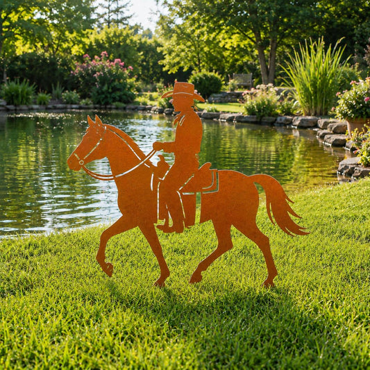 Rusted Cowboy On Horse Metal Garden Stake – Corten Style Western Yard Art, Housewarming Gift For Ranch Or Lawn