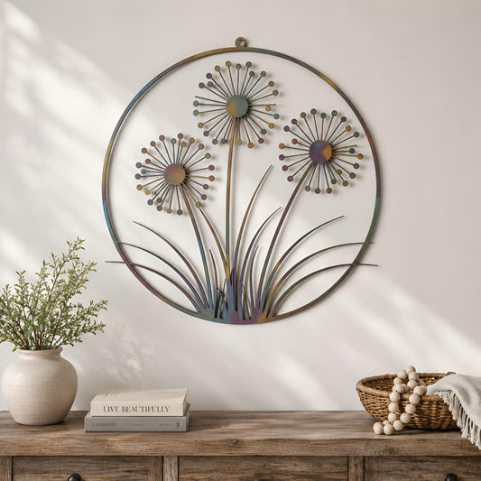Dandelion Metal Wall Art – Colorful Round Flower Garden Decor, Gift For Garden Lovers