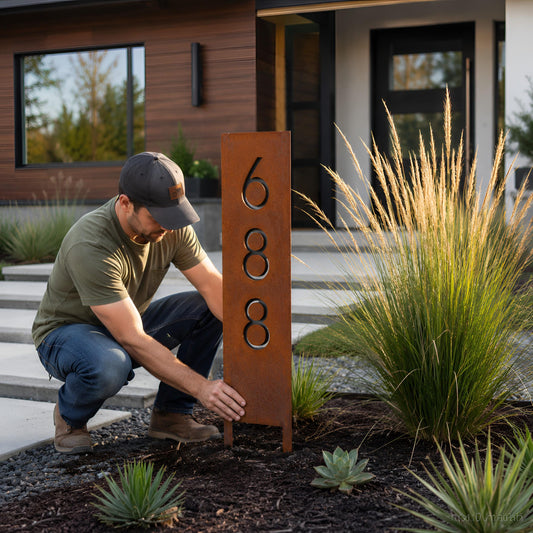 Personalized House Number Metal Yard Stake – Custom Modern Rustic Address Plaque, Gift For New Home Owners