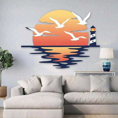 Coastal Sunset Lighthouse Metal Wall Art – Seagull Ocean Decor, Gift For Beach House Or Nautical Home