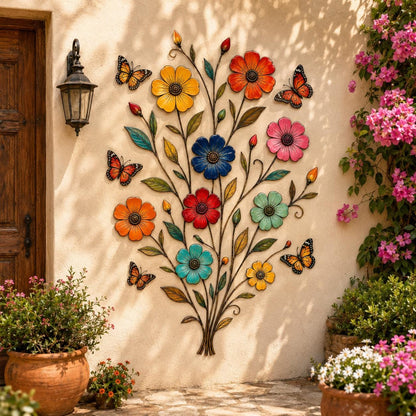 Butterfly Flower Bouquet Metal Wall Art – Colorful Garden Sign, Gift For Garden Lover