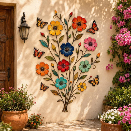 Butterfly Flower Bouquet Metal Wall Art – Colorful Garden Sign, Gift For Garden Lover