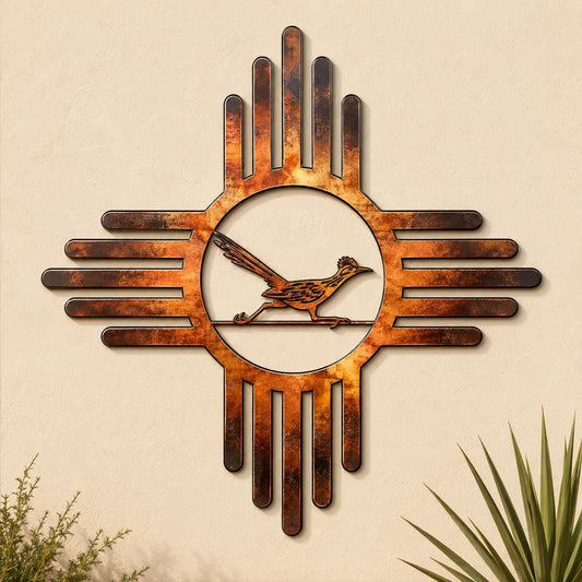 Roadrunner Zia Metal Wall Art – Rustic Southwestern Sun Symbol Decor, Housewarming Gift For New Mexico Or Desert Patio