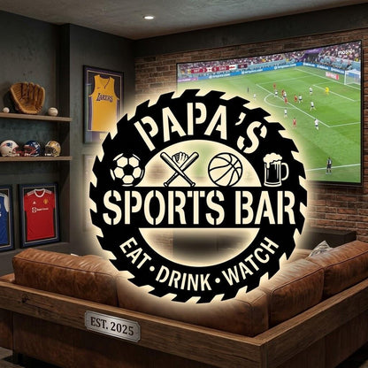 Personalized Sports Bar Led Metal Sign – Custom Name Eat Drink Watch Wall Light, Gift For Man Cave Or Dad