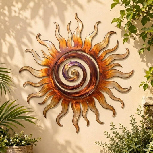 Rustic Sun Metal Wall Art – Copper Spiral Sunburst Sculpture, Gift For Boho Patio Farmhouse Or Garden Wall