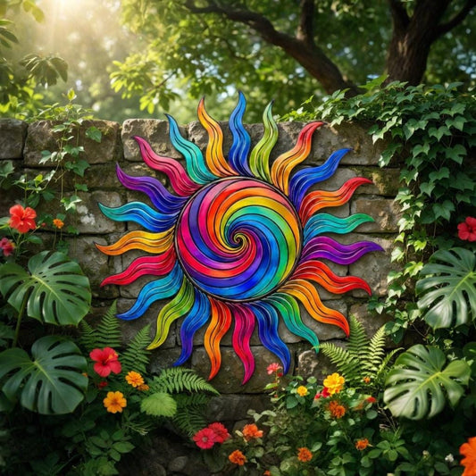 Rainbow Spiral Sun Metal Wall Art – Colorful Sunburst Garden Decor, Gift For Boho Patio Fence Or Yard