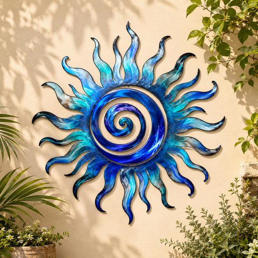 Blue Spiral Sun Metal Wall Art – Coastal Sunburst Garden Sign, Gift For Boho Ocean Decor Lover