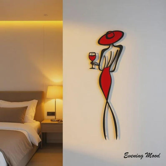 Elegant Wine Lady Metal Wall Art – Modern Minimalist Line Art Decor, Gift For Wine Lovers