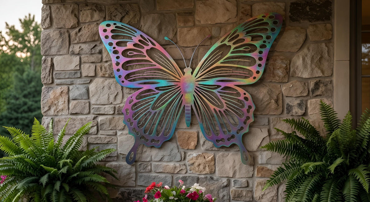 Large Iridescent Butterfly Metal Wall Art – Rainbow Filigree Garden Accent, Housewarming Gift For Her