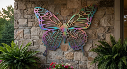 Large Iridescent Butterfly Metal Wall Art – Rainbow Filigree Garden Accent, Housewarming Gift For Her