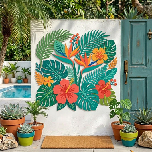 Tropical Hibiscus Metal Wall Art – Boho Palm Leaf Coastal Decor, Colorful Patio Gift
