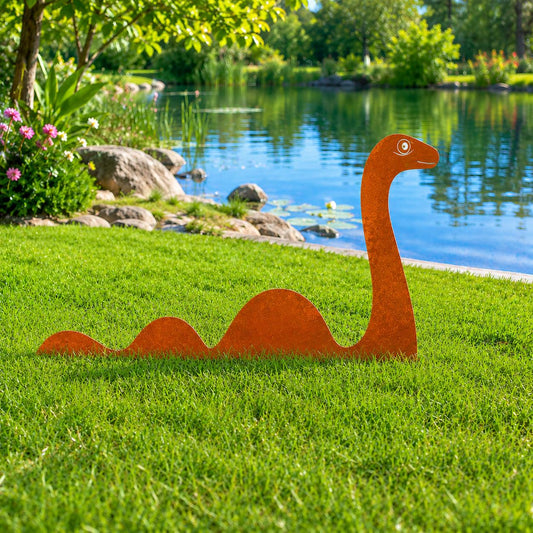 Rusted Loch Ness Monster Garden Stake – Mythical Nessie Metal Yard Art, Housewarming Gift For Pond Decor