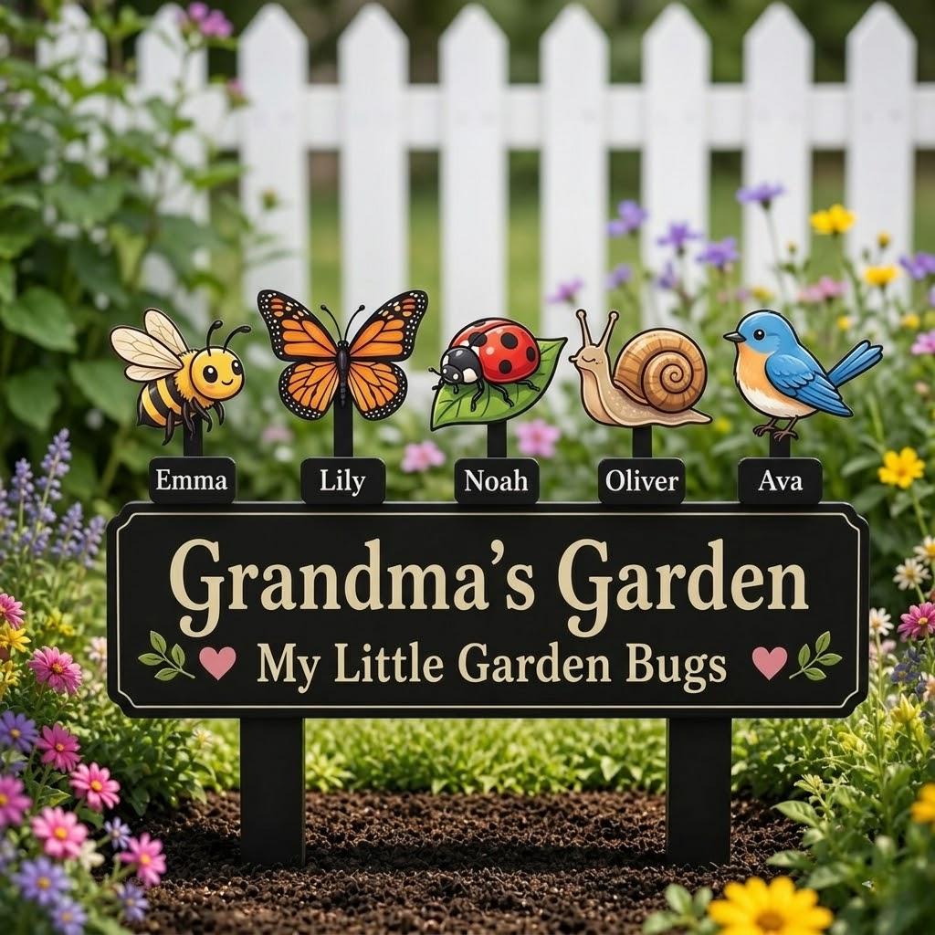 Personalized Grandma's Garden Metal Sign – Custom Grandkids Name Garden Bug Stake, Gift For Grandma