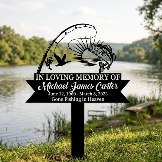 Personalized Fishing Memorial Garden Stake – Custom Name Gone Fishing In Heaven Grave Marker, Sympathy Gift For Dad