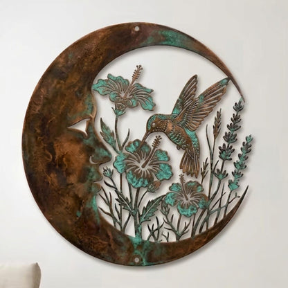 Hummingbird Moon Metal Wall Art – Celestial Patina Bird Decor, Gift For Nature Lover