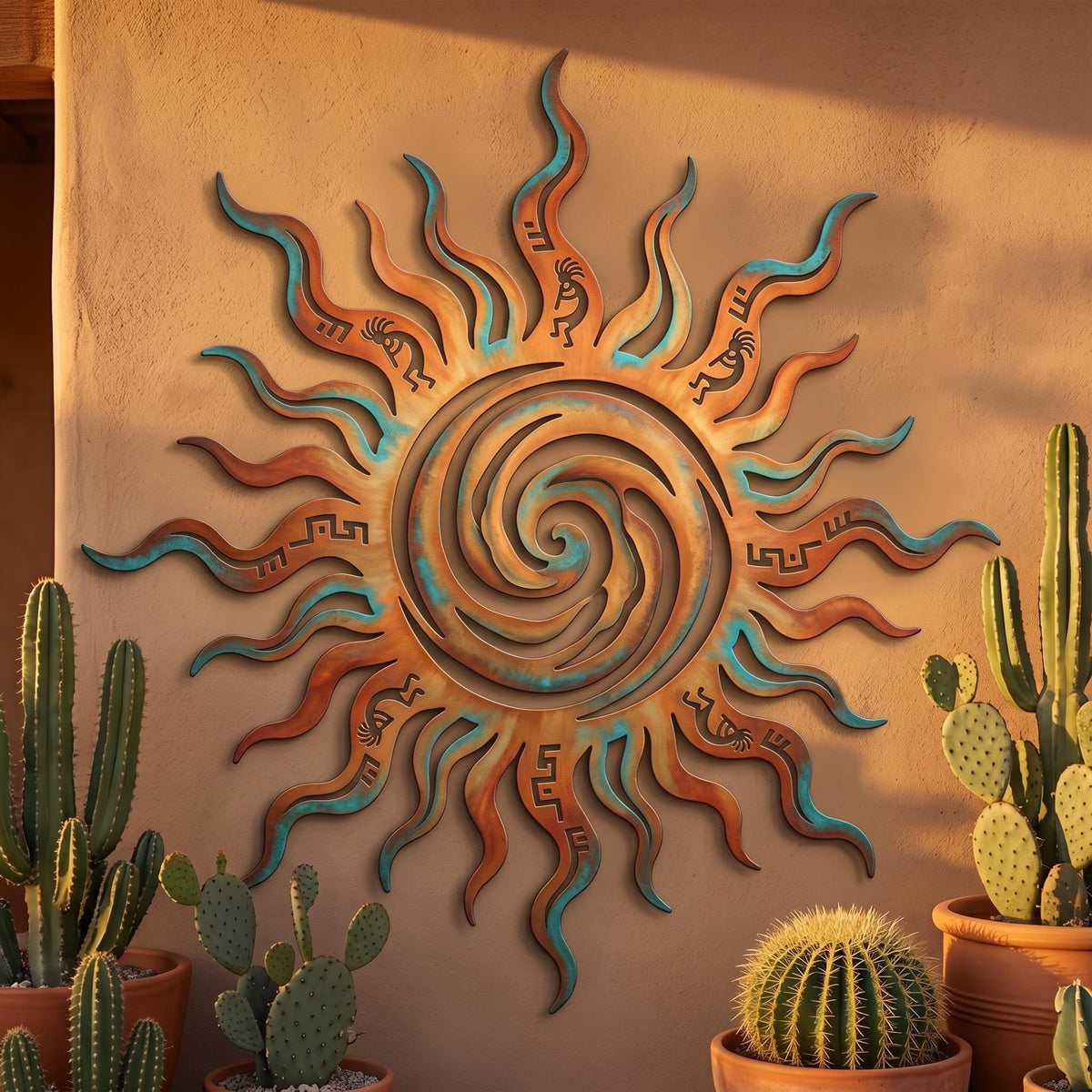 Southwest Sun Metal Wall Art – Kokopelli Spiral Desert Decor, Gift For Southwestern Home
