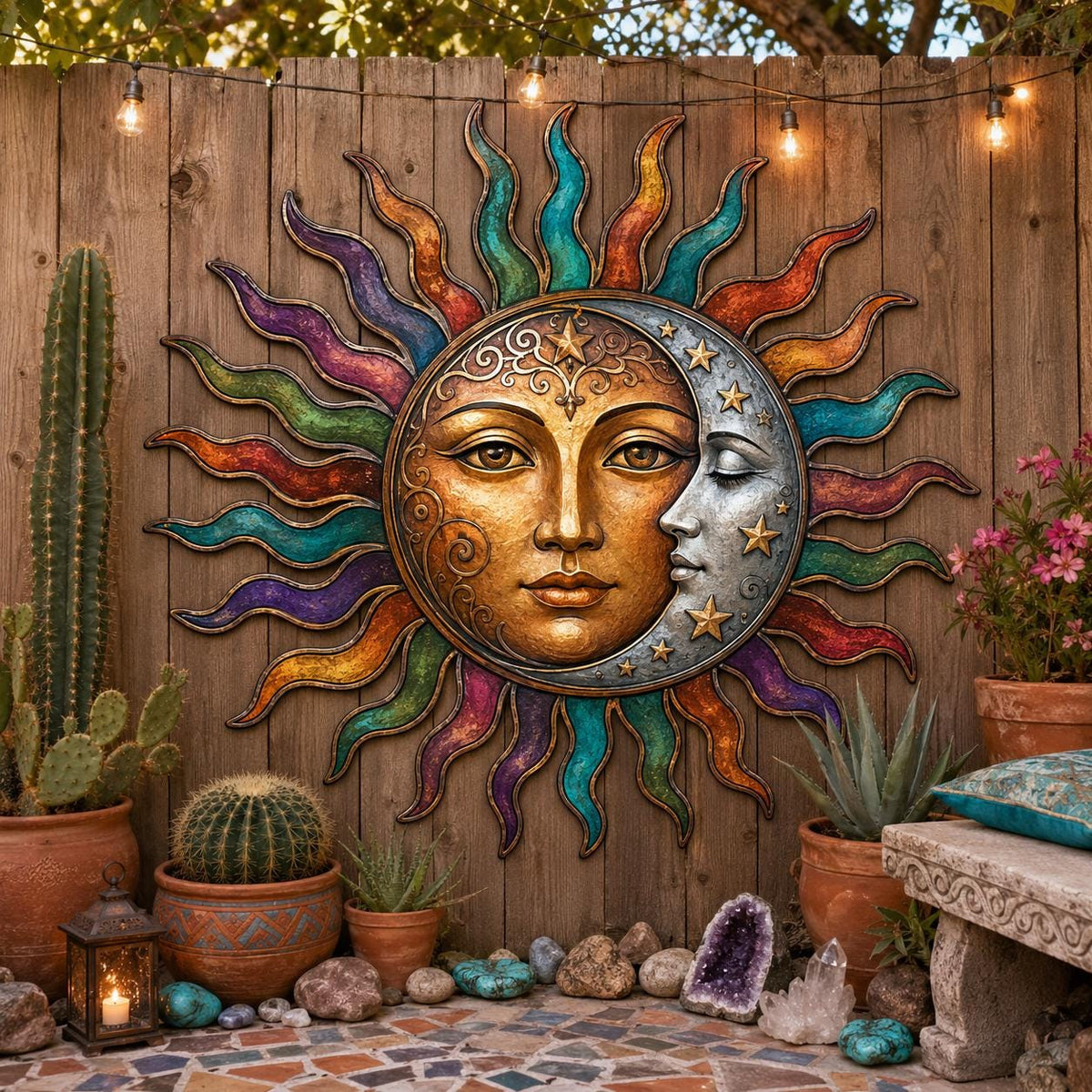 Colorful Sun Moon Metal Wall Art – Celestial Boho Patio Decor, Housewarming Gift