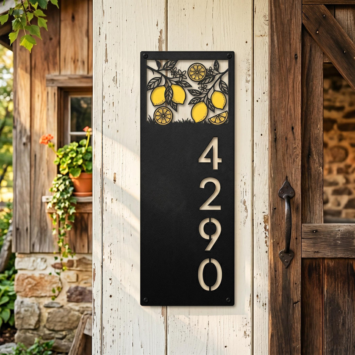 Personalized Lemon House Number Sign – Custom Vertical Address Metal Wall Art, Gift For Homeowners