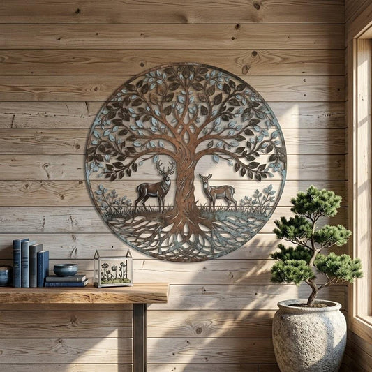 Tree Of Life Deer Metal Wall Art – Rustic Round Woodland Wildlife Decor, Gift For Cabin Or Nature Lover
