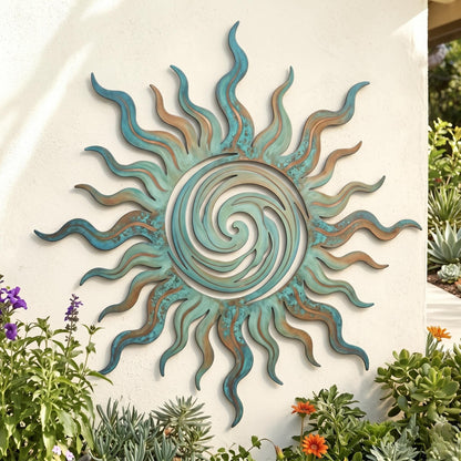 Swirl Sunburst Metal Wall Art – Turquoise Coastal Sun Sculpture, Boho Garden Gift