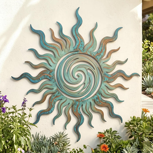 Swirl Sunburst Metal Wall Art – Turquoise Coastal Sun Sculpture, Boho Garden Gift