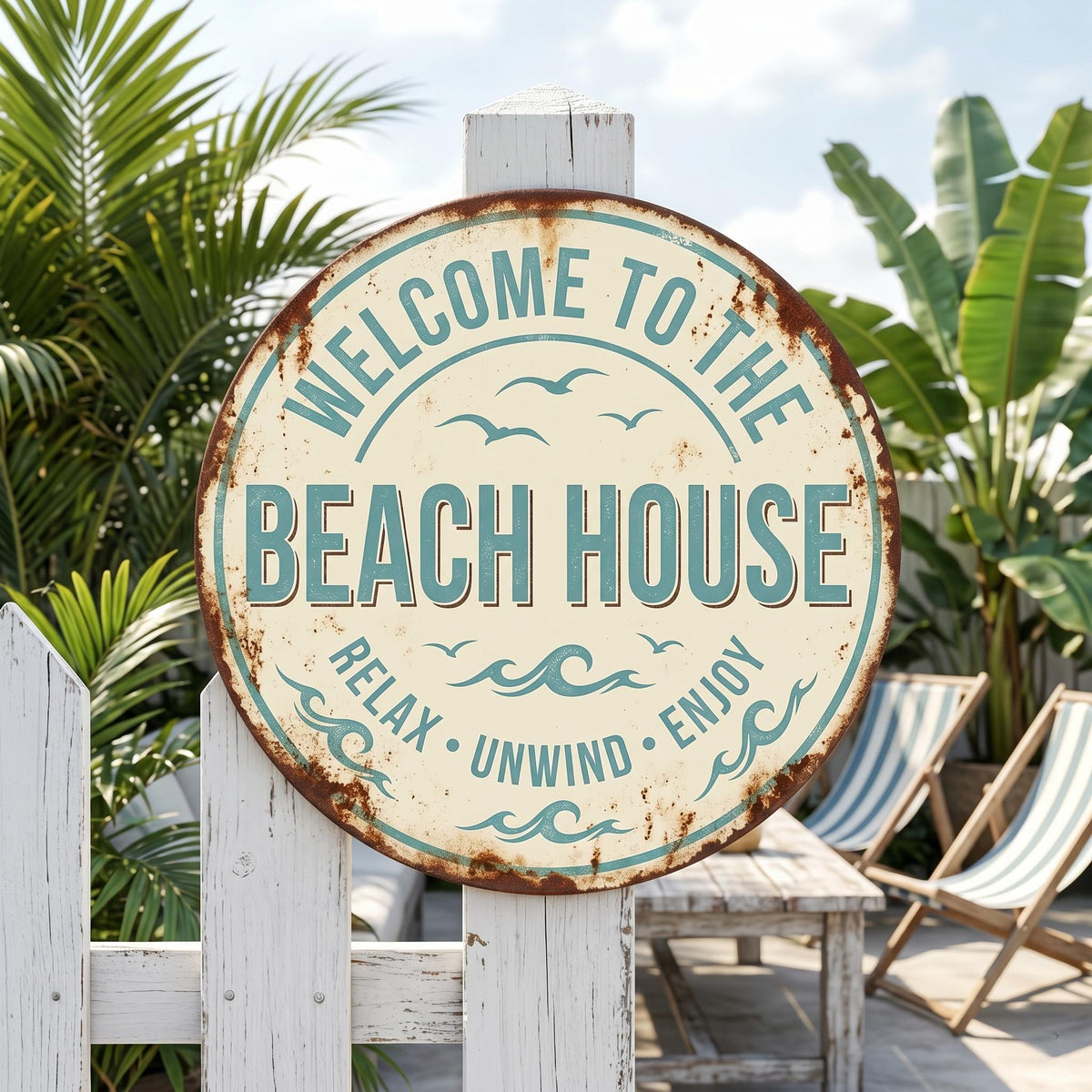 Welcome To The Beach House Round Metal Sign – Vintage Relax Unwind Enjoy Plaque, Gift For Coastal Home Owners