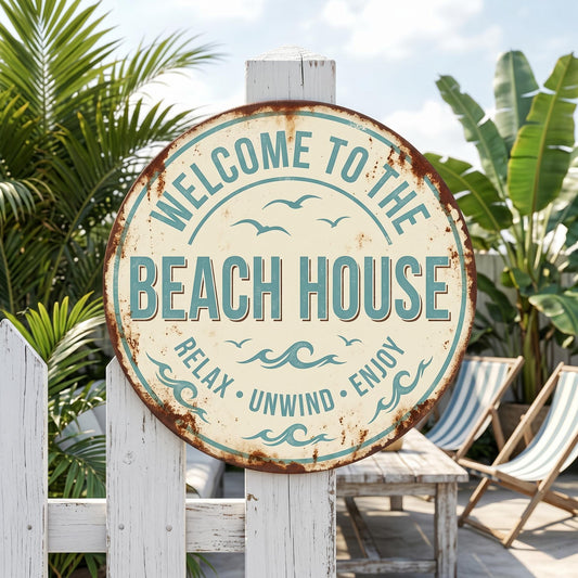 Welcome To The Beach House Round Metal Sign – Vintage Relax Unwind Enjoy Plaque, Gift For Coastal Home Owners